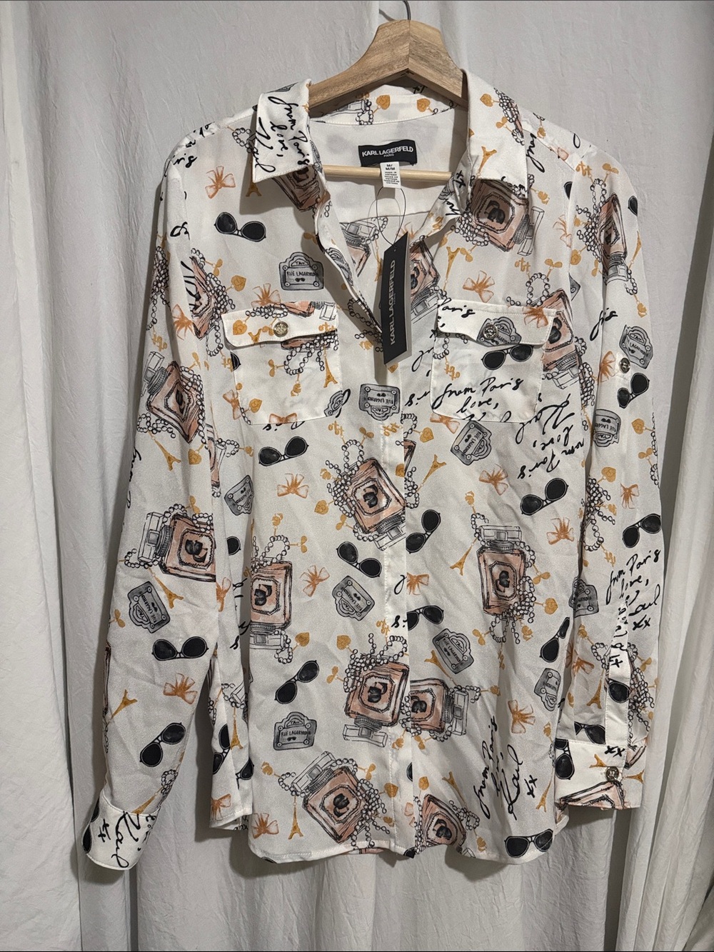 Karl Lagerfeld White Button-Down Shirt with Black & Tan Camera Print